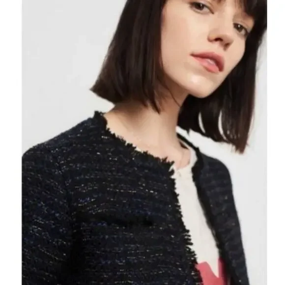 Anine Bing Tweed Navy Blue Gold Fringed Raw Hemline Jacket Blazer Size Small